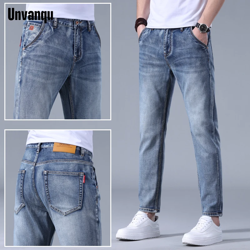 

Unvanqu High Quality Men's Nine Point Jeans Spring Summer New Office Business Casual Blue Elasticity Slim Cargo Denim Trousers