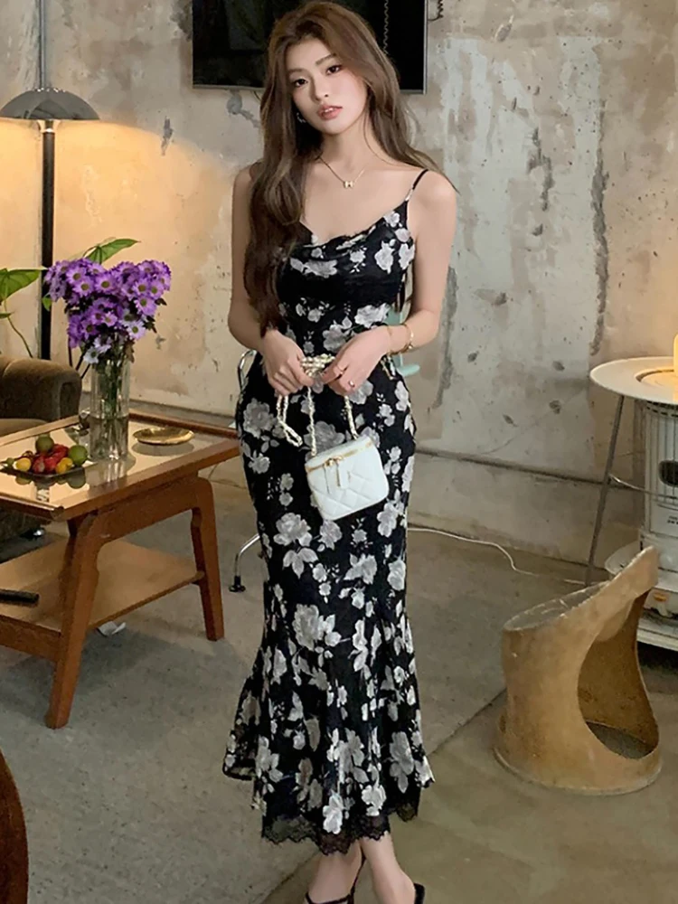 

Women Korean Vintage Luxury Party Evening Dress Summer Black Floral Lace Sling Sexy Long Dress 2025 Elegant Bodycon Night Dress