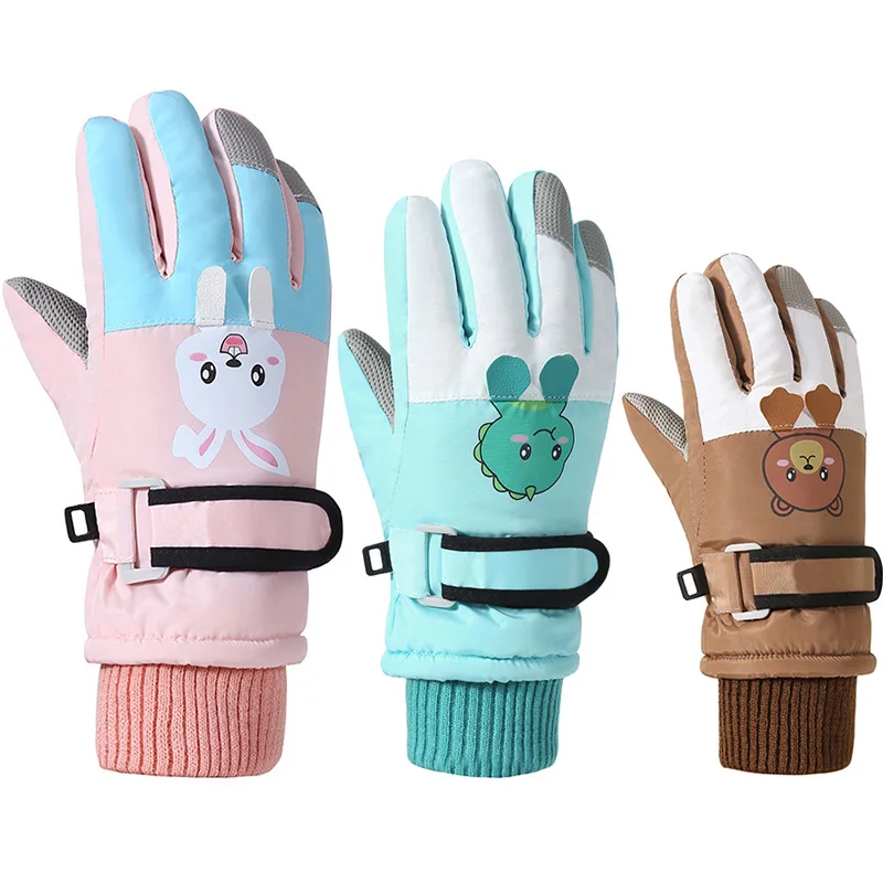 Winter Ski Gloves for Children Windproof Thickened Five-Finger Gloves Cartoon Printed Boys Girls Snow Warm Accessories 4-12Years