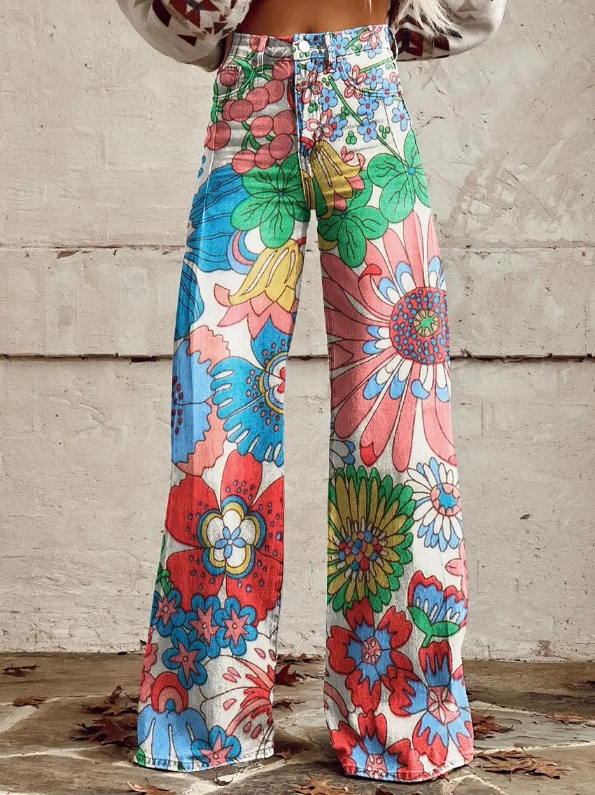 Floral Women's Extra Long Pants Korean Style Elegant High Waisted Wide Leg Pants Loose Women's Casual S-XX Wide Leg Pants