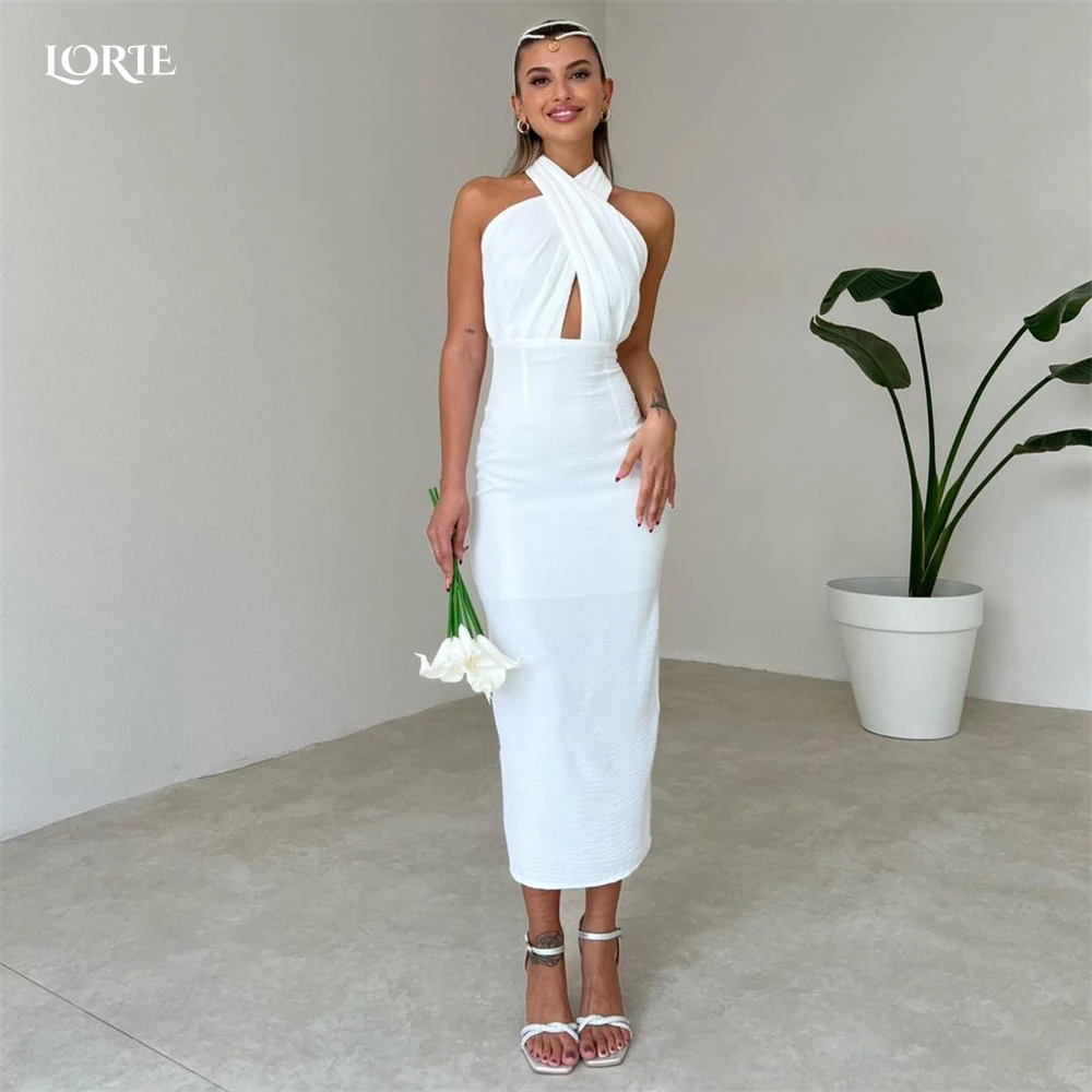 

LORIE Solid White Evening Dresses Halter Sleevless Bodycon Satin Backless Prom Dress Ankle-Length Saudi Arabia Celebrity Gowns