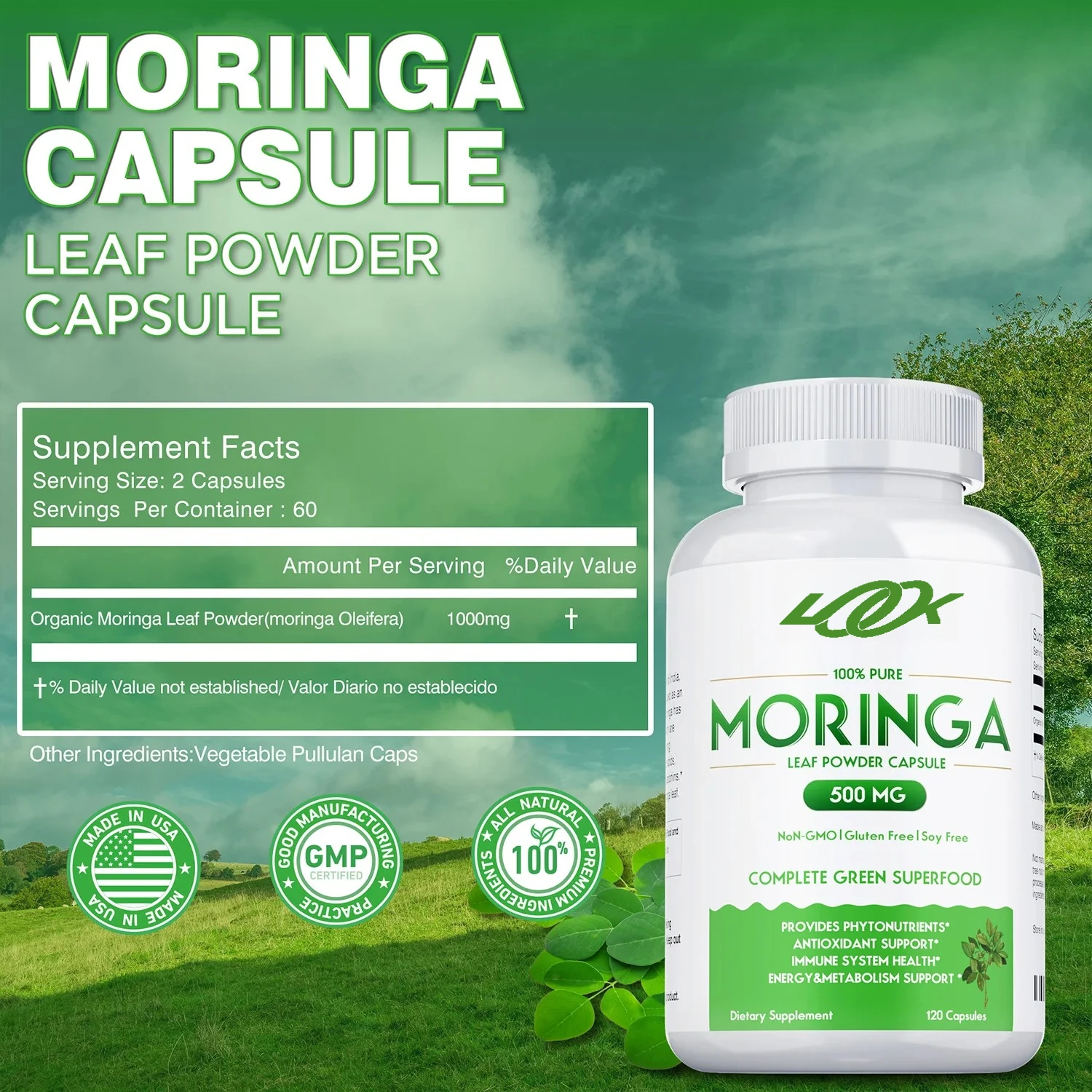 Moringa Capsules - Antioxidant, Cell Repair, Improve Energy Levels, Boost Metabolism, Strengthen The Immune System, Non-GMO