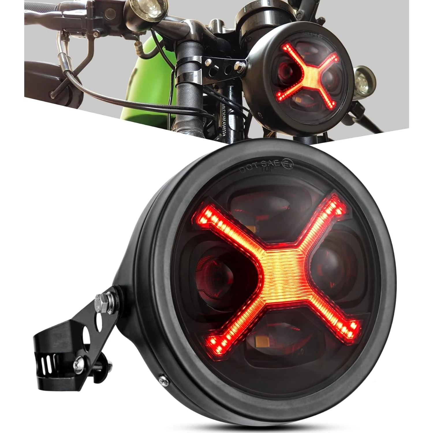 

5.75 inch Round Headlight with Motorcycle Housing Bucket Smoke X-Style RED DRL Compatible with Shadow Buell Blast Motorbikes