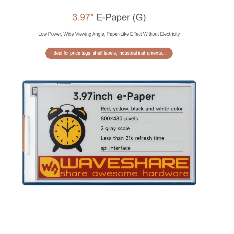 Display E-Paper da 3,97 pollici (G) Display E-Ink 800 × 480 Pixel Interfaccia SPI Testata GPIO Raspberry Pi 40PIN standard