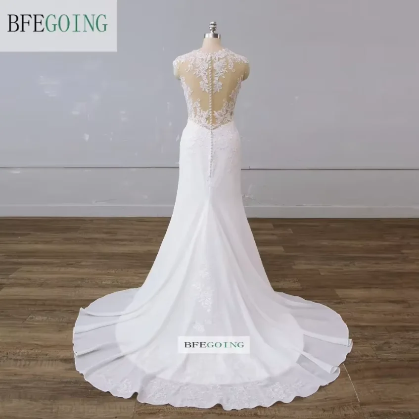 Chiffon Lace Mermaid/Trumpet Wedding Dresses Chapel Train Sleeveless Appliques Floor-Length Bridal Gowns