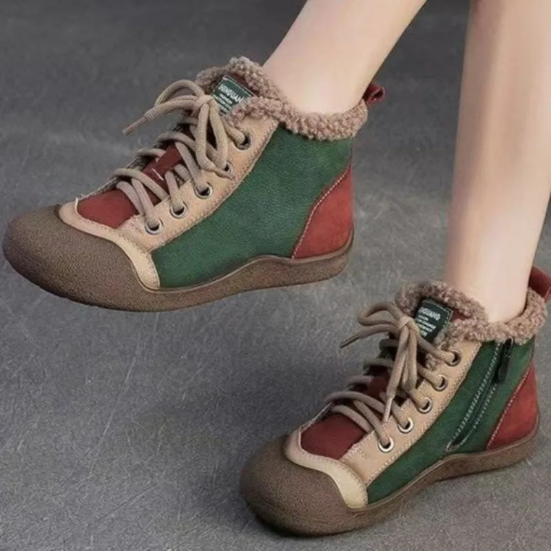 Winter Women's Comfortable Shoes Vintage Color Blocking Snow Boots 2026 New Women Keep Warm Side Zipper Fashionable Snow Boot