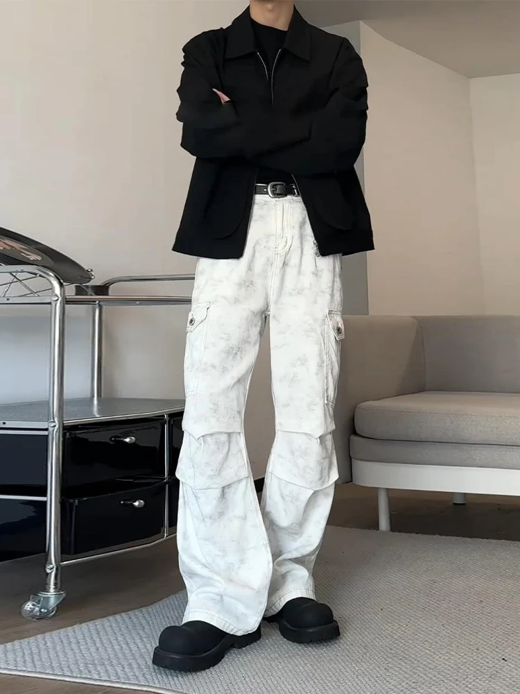 

Cleanfit Men's Dyed Workwear Pants Straight Leg Jeans Spring Autumn American High Street Sle White Tie Dye Cargo Trousers