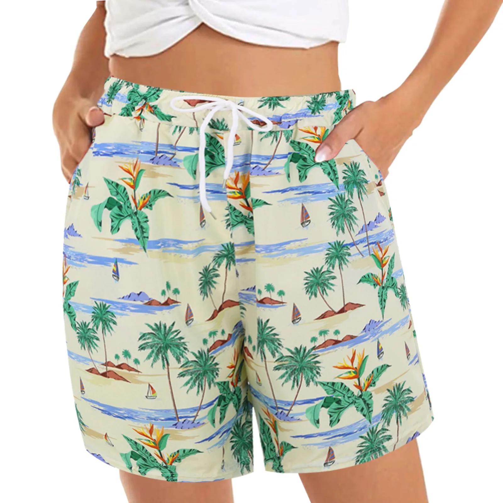 Coconut Tree Women\'s Printed Board Shorts Swim Trunks Pocket Summer New Comfort Breathable Short Hawaiian Style Holiday Beach