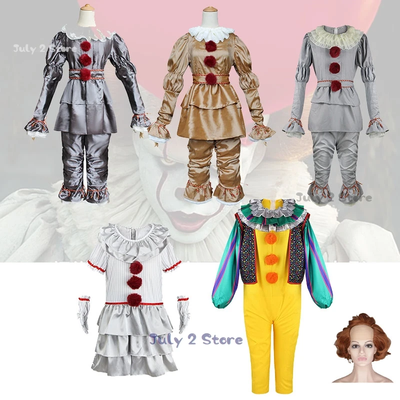 Adults Kids Pennywise Cosplay Costume Stephen Clown Wig Suit Scary Halloween Horror Party Carnival Masquerade Dress Pants Outfit