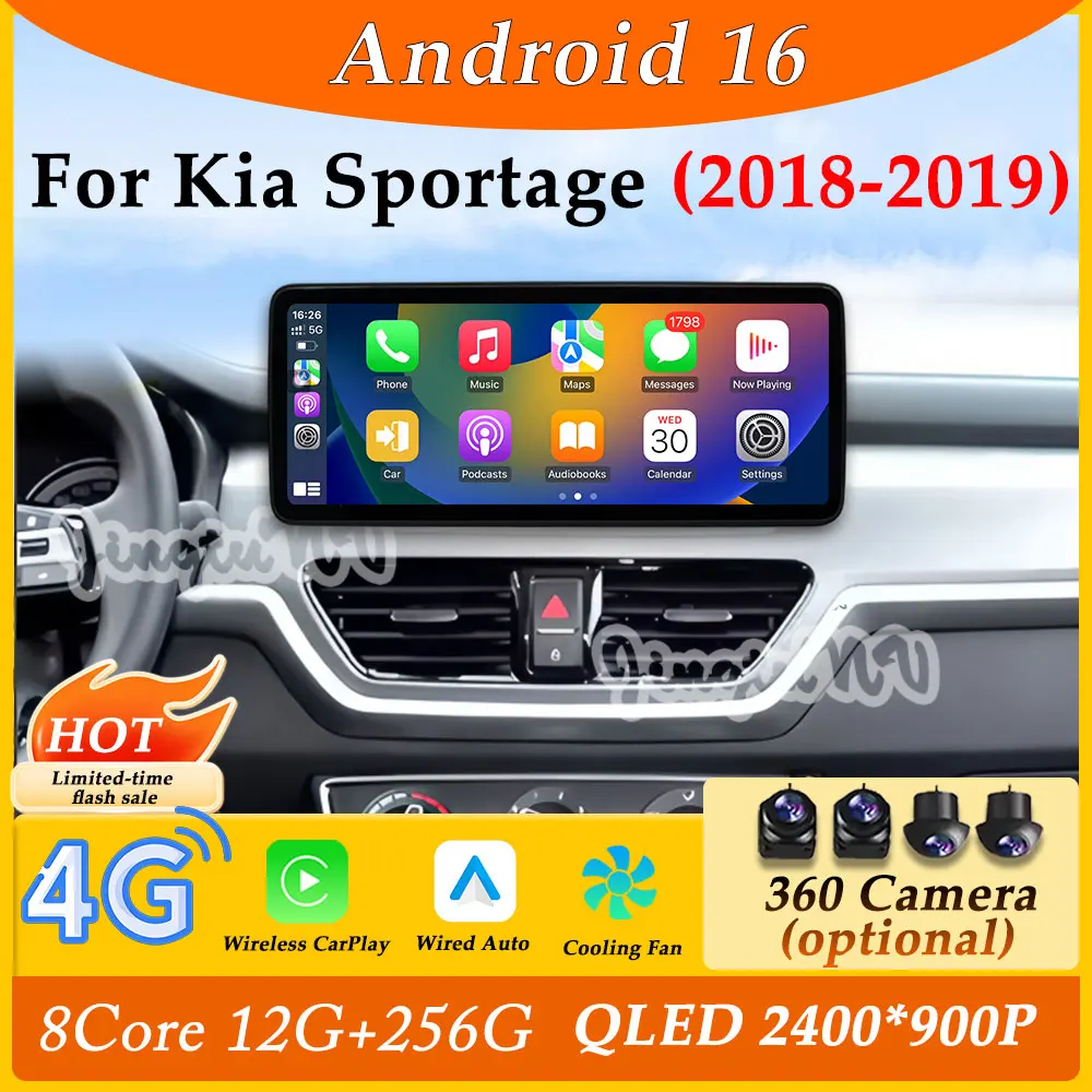 

Для Kia Sportage 2018-2019 12,3-дюймовый ультратонкий экран CarPlay Android 16 Автомобильный радиоприемник Видео Мультимедийный плеер GPS Navi DSP Stereo BT