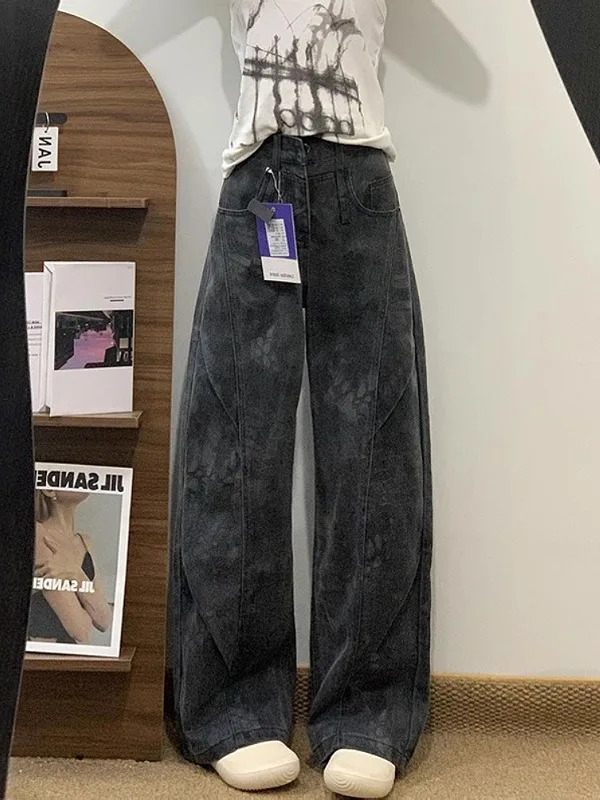 

Джинсы с высокой талией и прямыми штанинами для женщин больших размеров, американского кроя, для фигуры типа «груша», утягивающие, с широкими штанинами, для повседневной носки, осенние