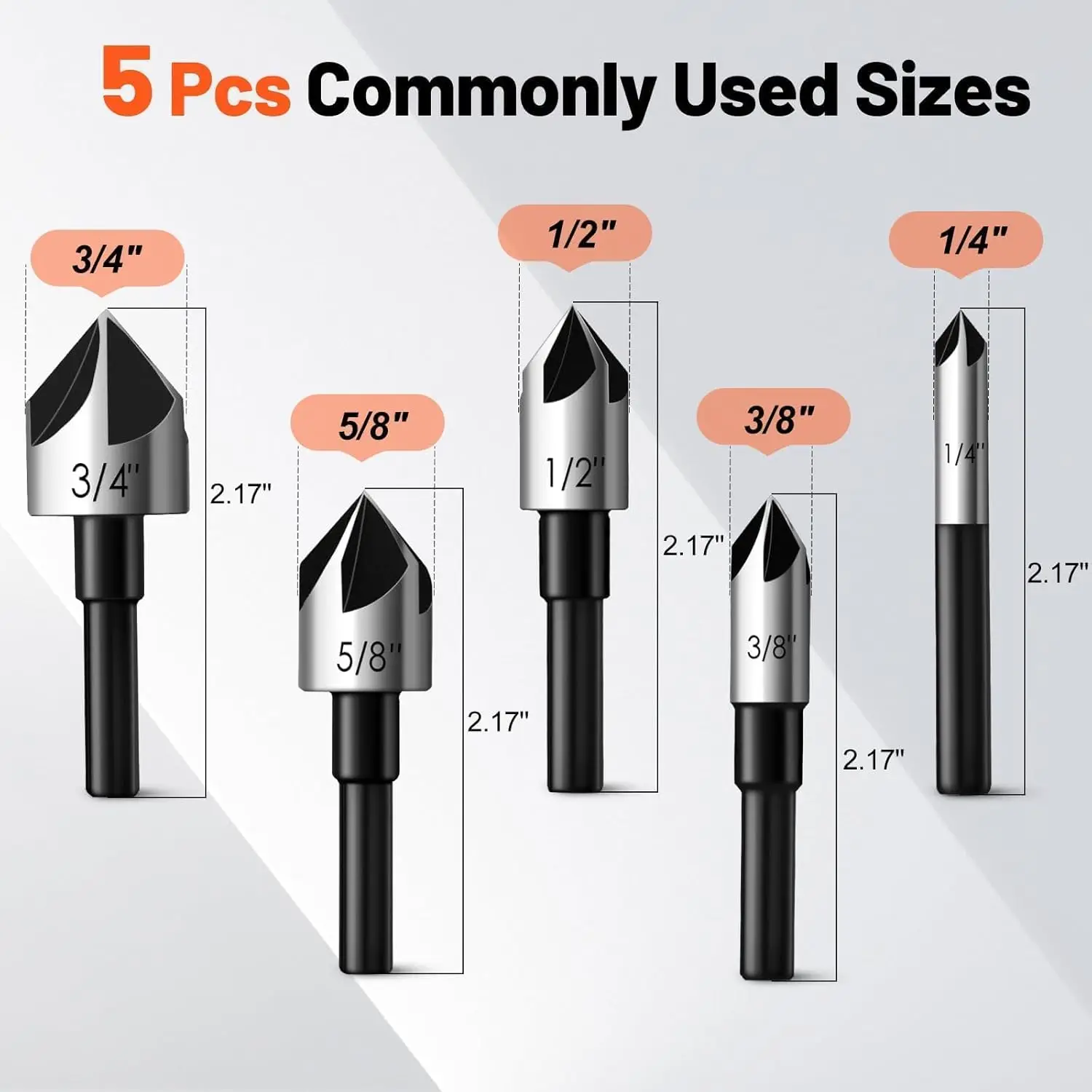 5 Pcs Countersink Drill Bit Set, 1/4" Shank HSS4241 for Steel, Wood, Metal & Plastic, 1/4"-3/4" Sizes - view 2