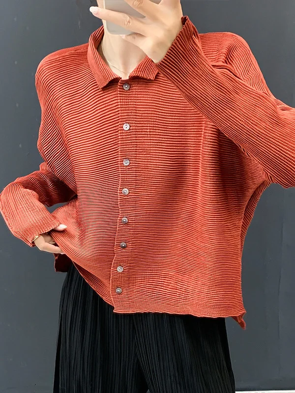 

Spring Summer Women's Soft Comfortable Pleated Long Sve Batwing Sve Open Cardigan Flip Collar Large Size Pure Color Top