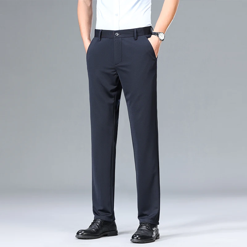 Stylish Straight Basic Trousers Solid Color Elastic Spring Summer Thin Mid Waist Fashion Button Men\'s Business Casual Suit Pants