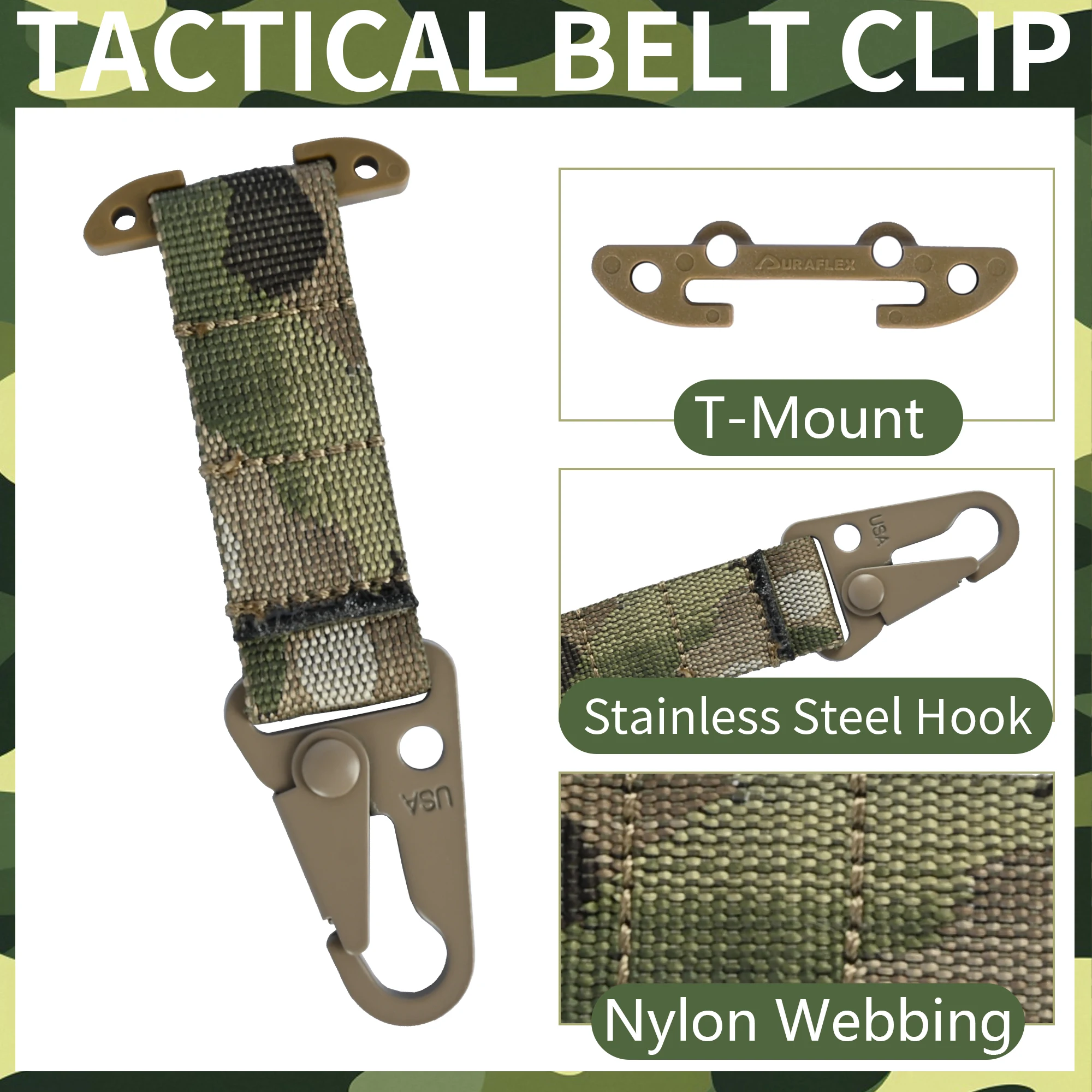 Tactical Gear Hanging Carabiner, T-Mount Molle Webbing Belt Cilp, Nylon Metal Snap Sling Clips HK Hook for Tactical Belt