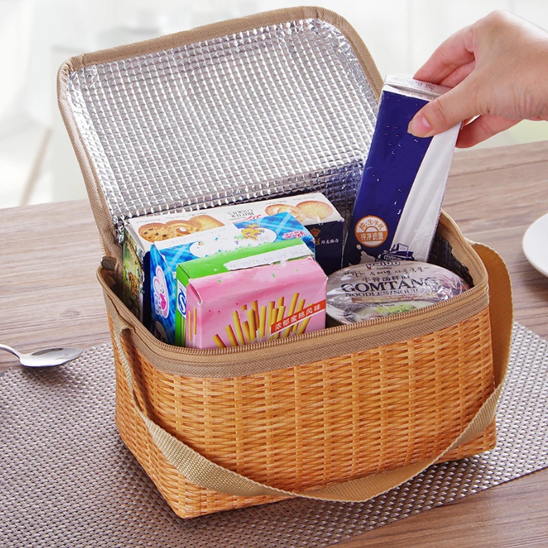 Outdoors Portable Imitation Rattan Picnic Bag Thermal Insulated Lunch Pouch Camping Food Basket Cooler Tote Bring Meal Container