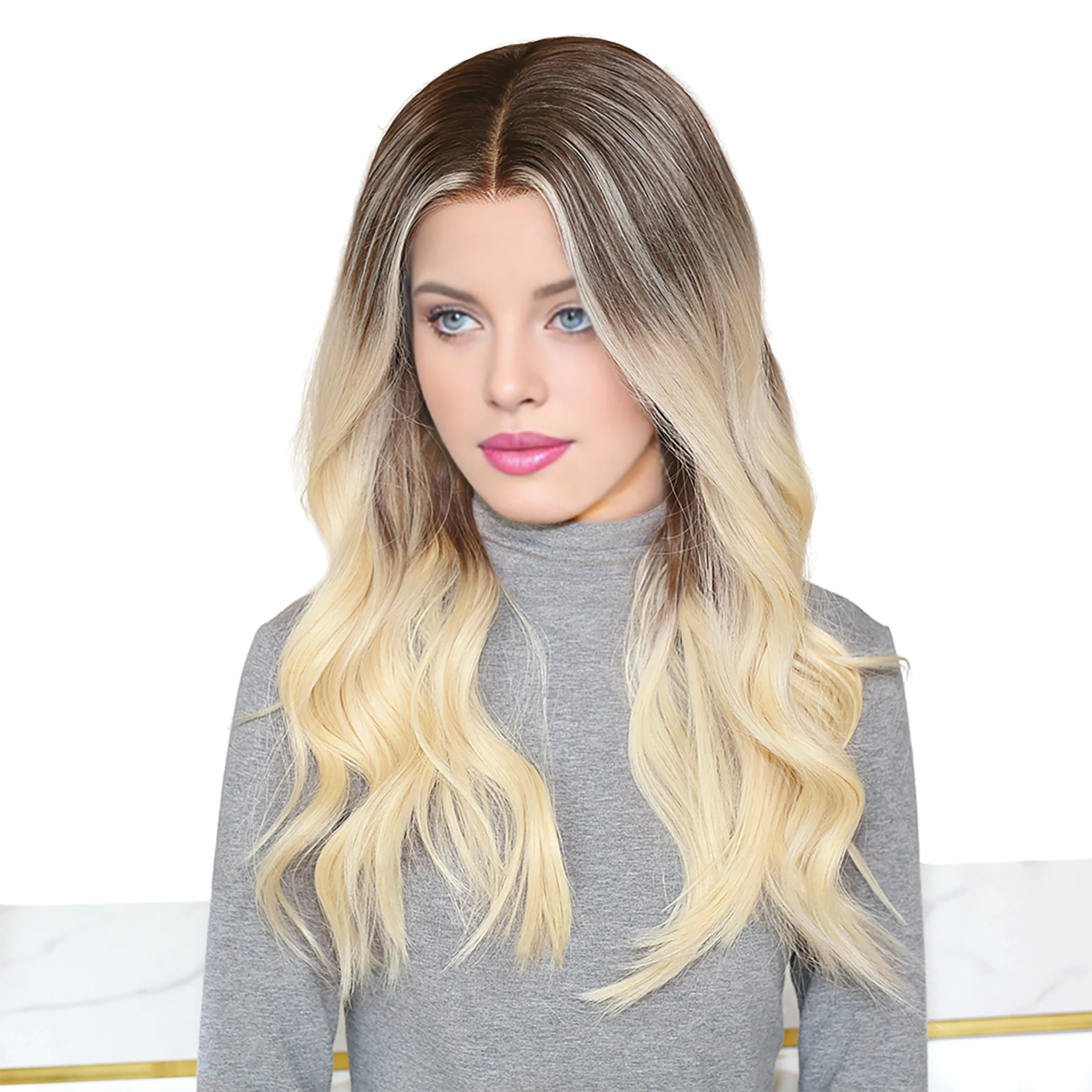 Wavy Lace Front & Top Wig Golden Blonde with Brunette Hand Painted Glueless Human Hair Balayage Ombre Wig