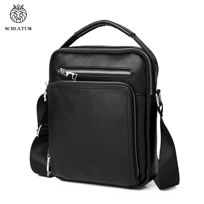 SCHLATUM Genuine Leather Men Crossbody Shoulder Bag Cowhide Black Messenger Bag for iPad Big Size Men\'s Handbags Casual Business