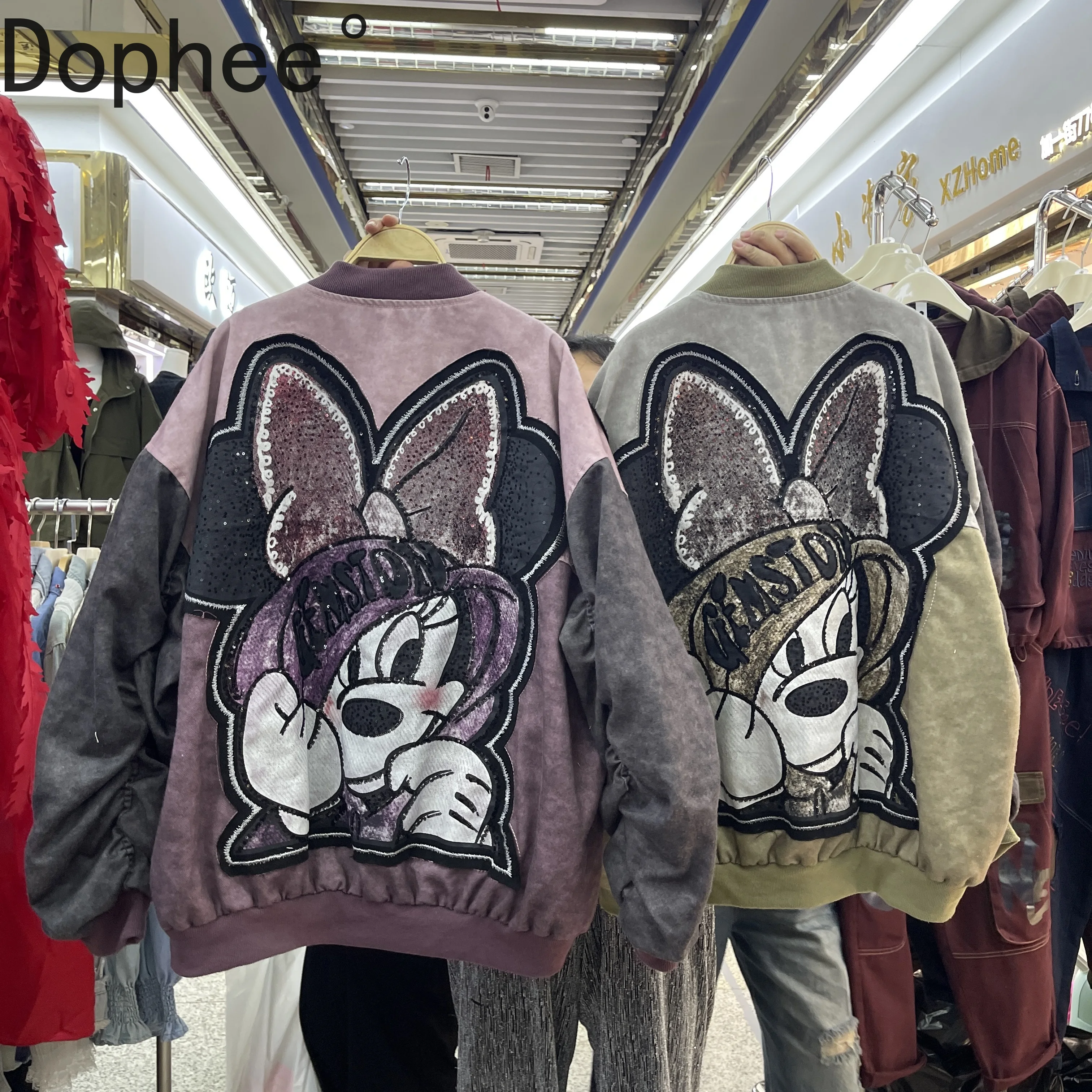 

Colorblock Autumn Winter Women Baseball Jacket Stand Collar Embroidery Sequins Mickey Loose Long Sleeve Zip Cardigans Coat 2025