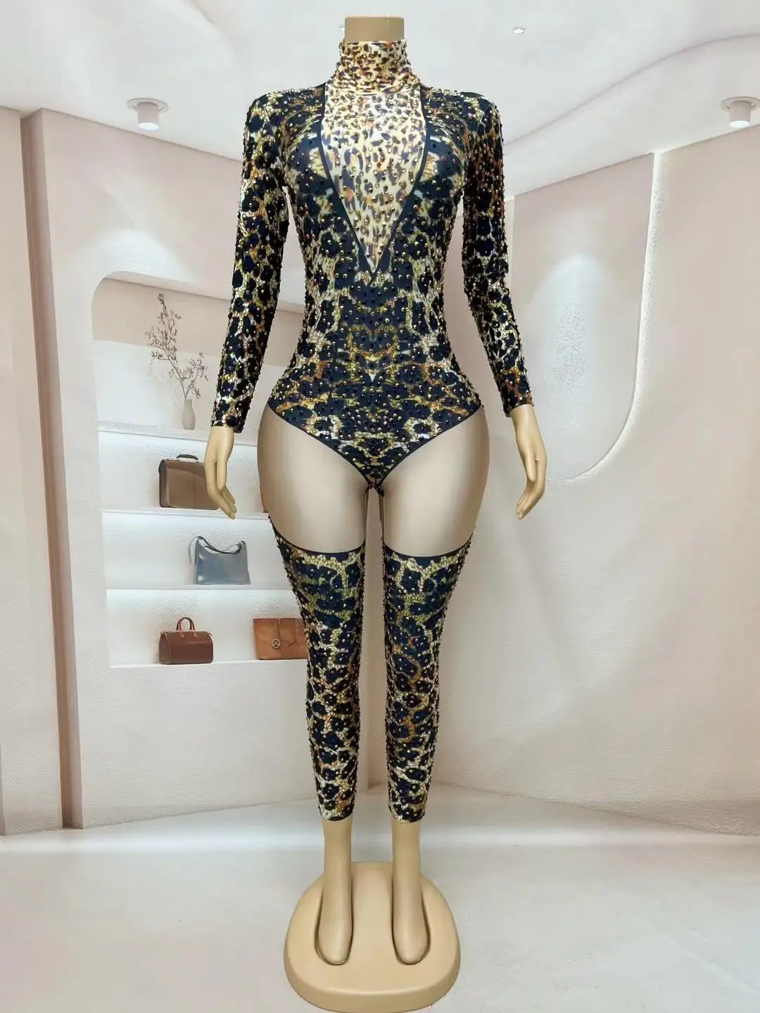 Sexy Leopard Printed Women Long Sleeve Sexy Spandex Jumpsuit Performance Costume Nightclub Party Stage Wear Liebao