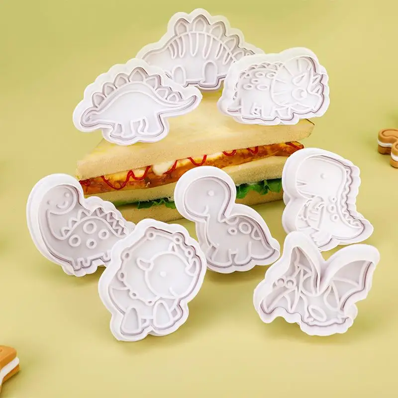 ~4Pcs Dinosaur Cookie Cutters, Cartoon Plunger Stamp Molds, Animal Shapes Baking Tools for DIY Biscuit Making