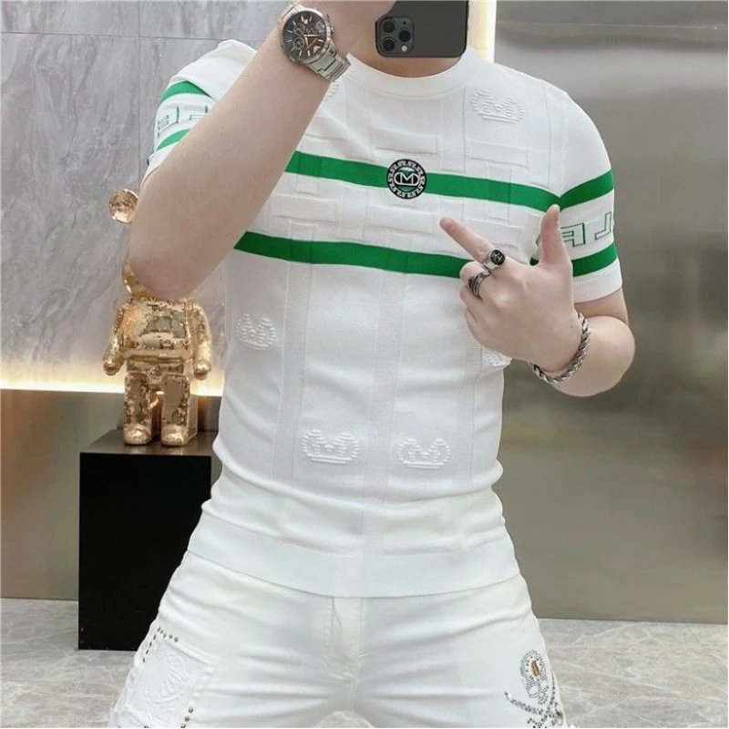 

Мужской индивидуальный полосатый вязаный тонкий топ с круглым вырезом и половиной рукавов, универсальный тонкий топ