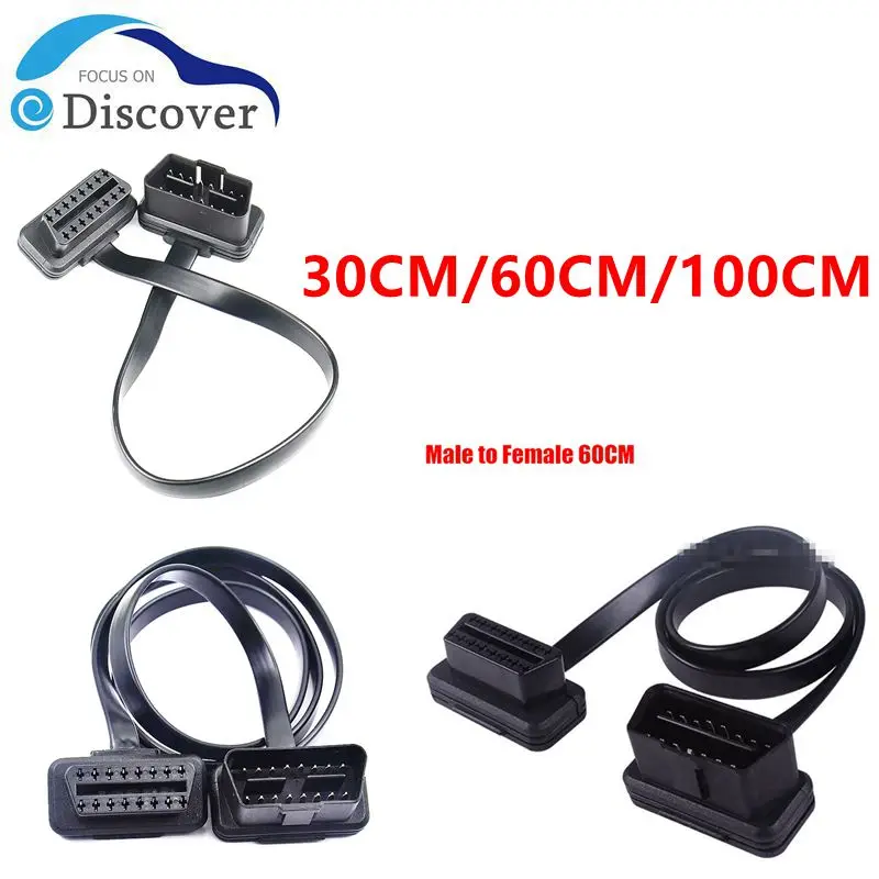 16Pin 30CM/60CM/100CM OBD2 Extension Cable Flat+Thin As Noodle OBDII Male To Female Socket Connector With ON/OFF Switch