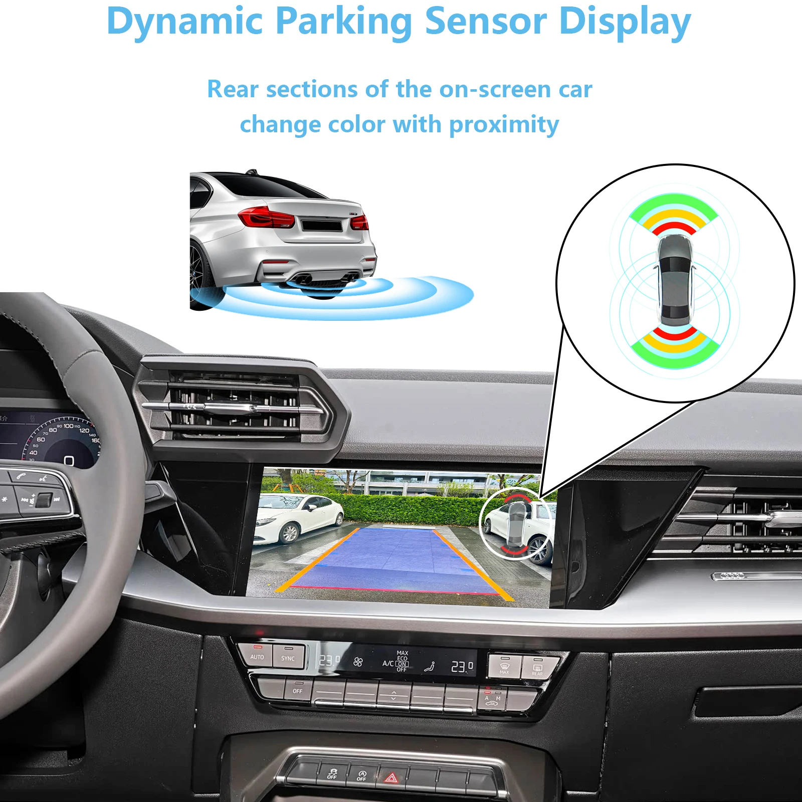 Kamera cofania AHD do Audi A3 A4 S4 A5 Q5 S5 2021-2025, Q3 2019-2025, system MIB3, montaż dodatkowy, widok z tyłu i z przodu, bez potrzebu programowania.