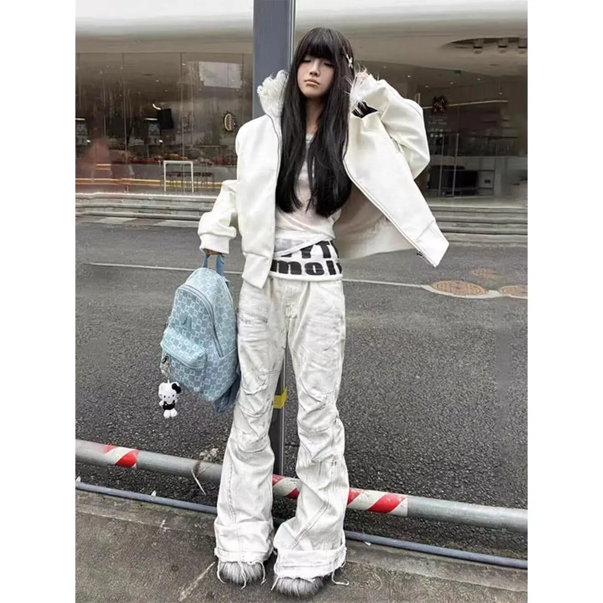 Retro American High Street Distressed Jeans Men's Loose Straight Leg Floor-Length Micro Flared Denim Pants Youth Trendy
