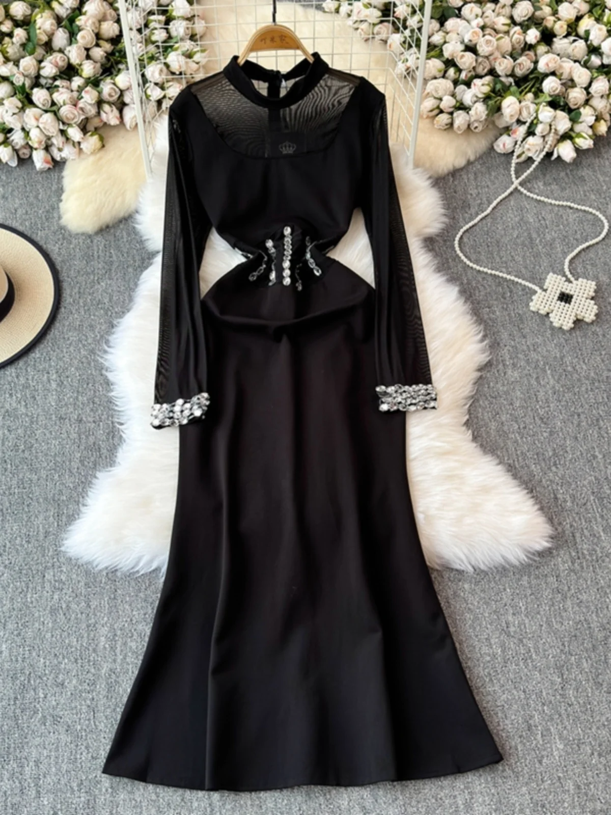 Autumn Winter Black Tulle Beaded Fishtail Maxi Dress Women Long Sleeve Fashion Elegant Party Evening Vestidos Bandage Robe