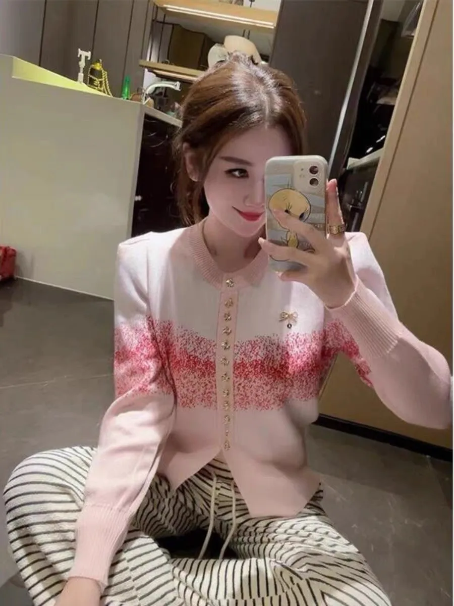 Pink Gradient Elegant Cardigan Sweater Women 2024 New Stylish Fashion Ladies Tops Long Sleeve Single-breasted Knitwear Jumpers
