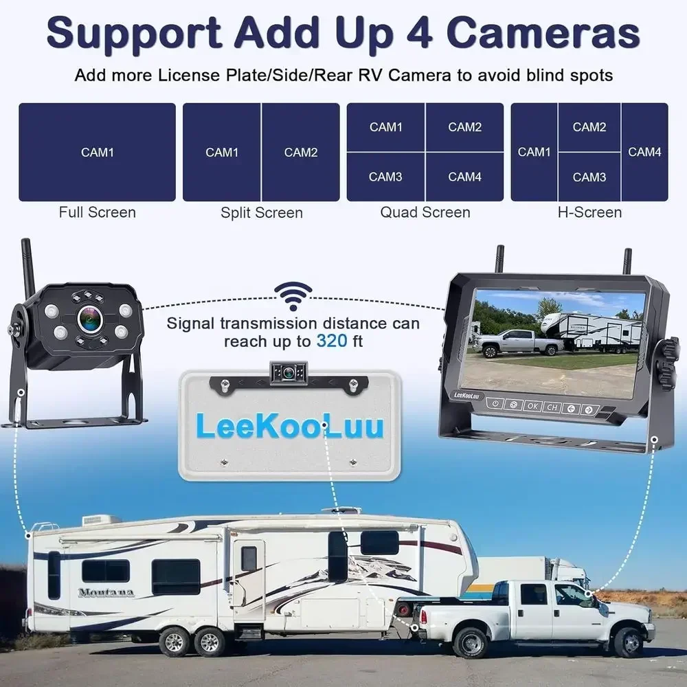 HD 1080P 7 inch RV Wireless Backup Camera: Dual Camera 30-Min Easy Install Clear Night Vision 4 Channels Recording Touch Key Mon