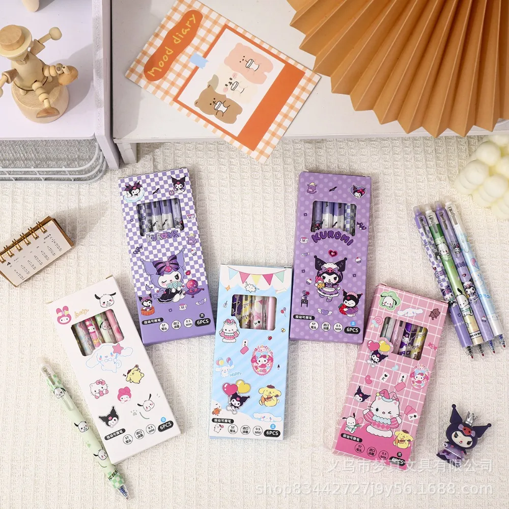 

6pcs/set Anime Peripheral Kawaii Cute Hello Kitty Kuromi Cartoon ST Quick-dry The 0.5 Mm Gel Pen Pupil Stationery Festivals Gift