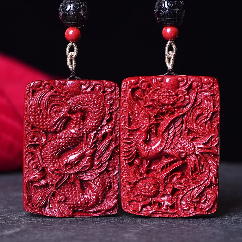 Chinese Raw Ore Vermillion Cinnabar Pendant Pair for Man and Women Amulet Fengshui Ornament Fine Carving Craft Gift Miniatures