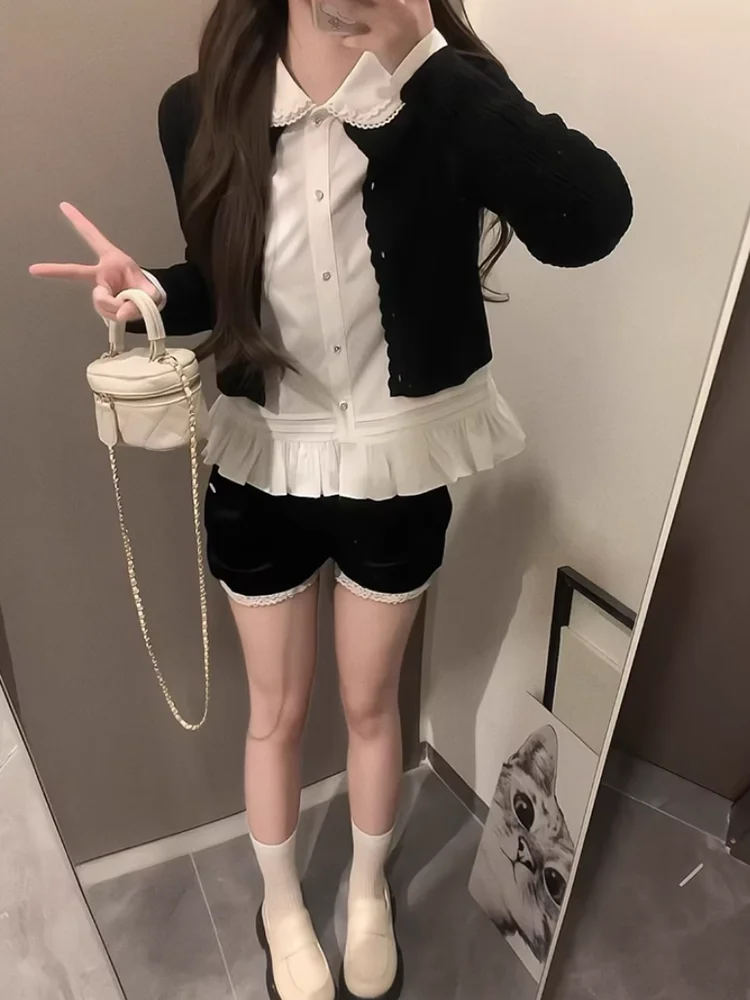 Bla Lace Trim Geborduurde Pop Kraag Lange Sve irt Dames Faion Set Tweedelige Suite Herfst 2025, Nieuwe Sle Ele