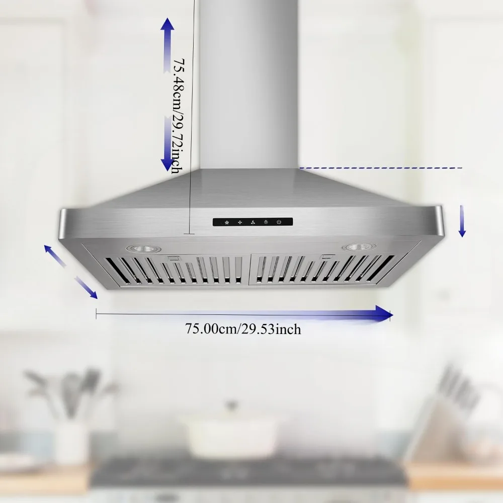 30 Inches Stainless Steel European Style Wall Mount Range Hood With LED Lights Touch Screen Round Front Edges