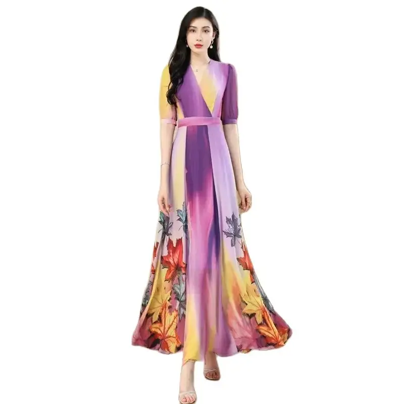 Purple Printed Dress For Women in the Summer of 2024 Chiffon Style Appears Slim Super Long Large Hem With a Delicate Ankle Skirt