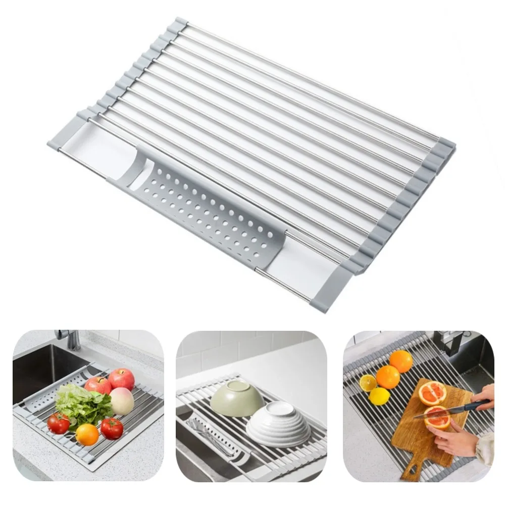 Kitchen Foldable Sink Plate Storage Bowl Holder 304 Stainless Kitchen Dish Drying Rack Dish Drainer Shelf Kitchen Accessories