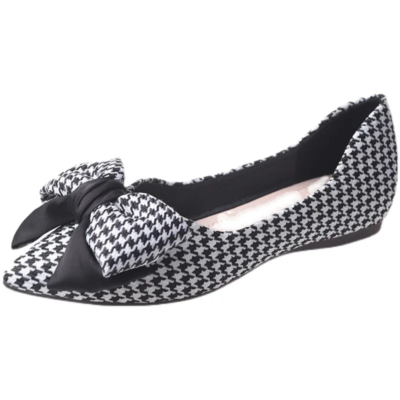 Summer Women Flats Shallow Mouth Pointed Toe Plaid Bowknot Lady Flat Shoes Large Size 42 43 44 45 46 Slip on Moccasins Female