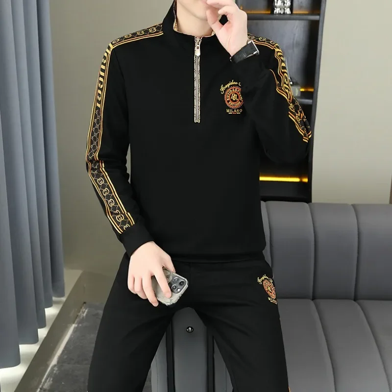 2024 Autumn Mens 2Pcs/Sets Half Zipper Pullover Sweatshirt + Pants Luxury Trend Gyms Fitness Tops Joggers Sportswear Tracksuits