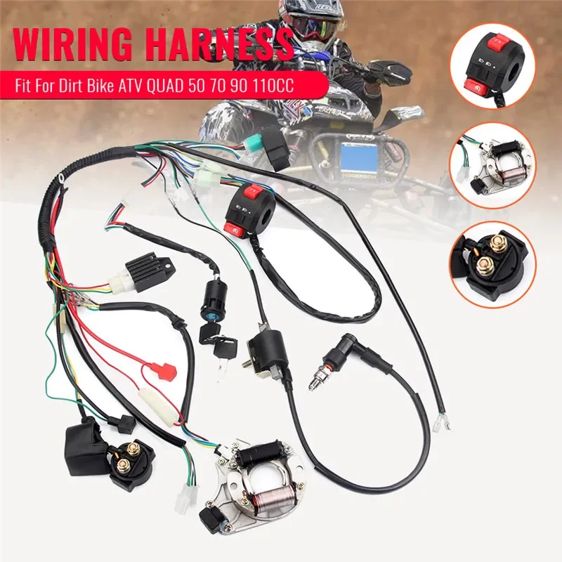 Full Electrical Wiring Harness Kit Fit For Dirt Bike ATV QUAD 50 70 90 110CC with Rectifier Ignition Key Coil CDI Unit