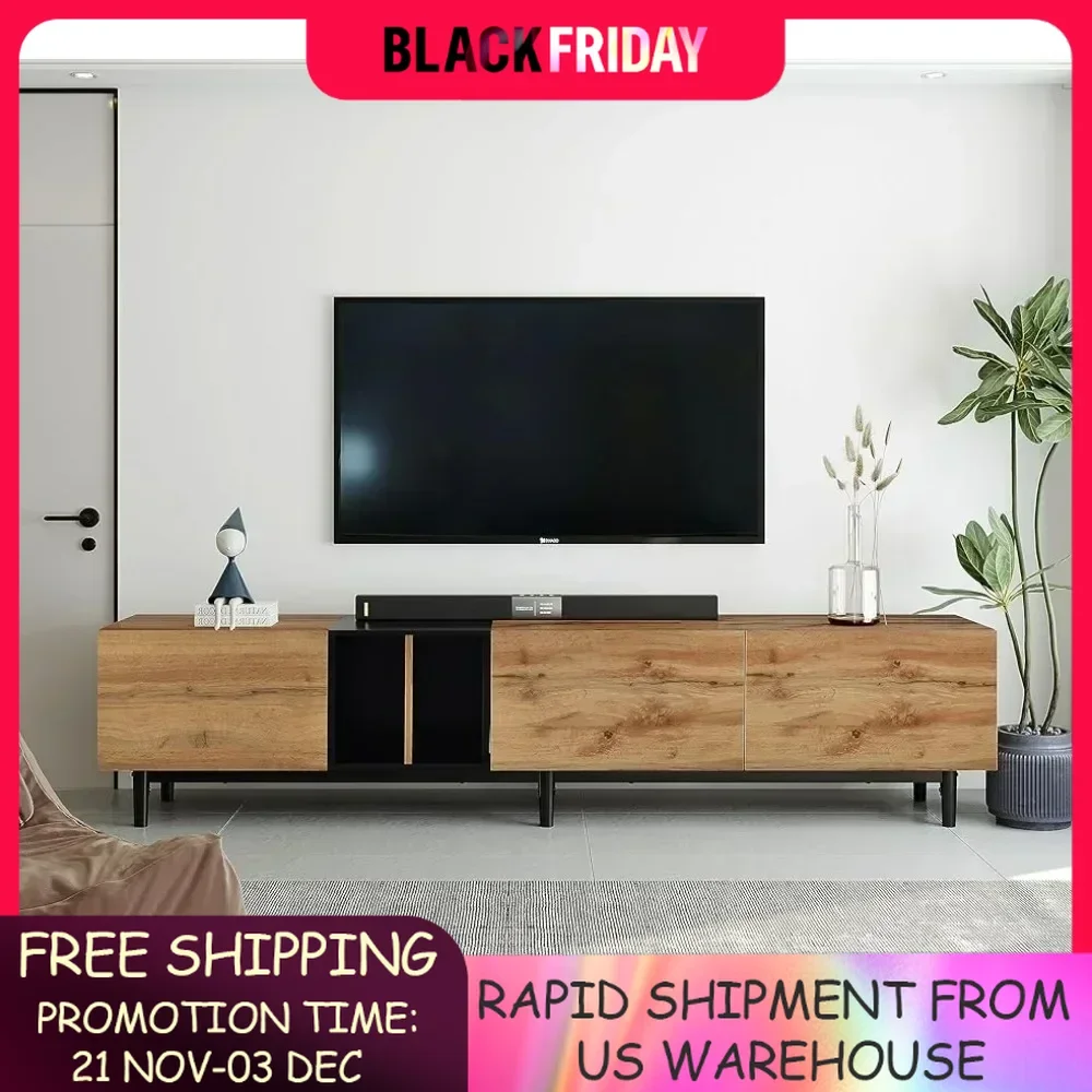 Modern TV Stand for 80 Inch,3 Cabinets & Open Shelves,TV Console Table Media Cabinet