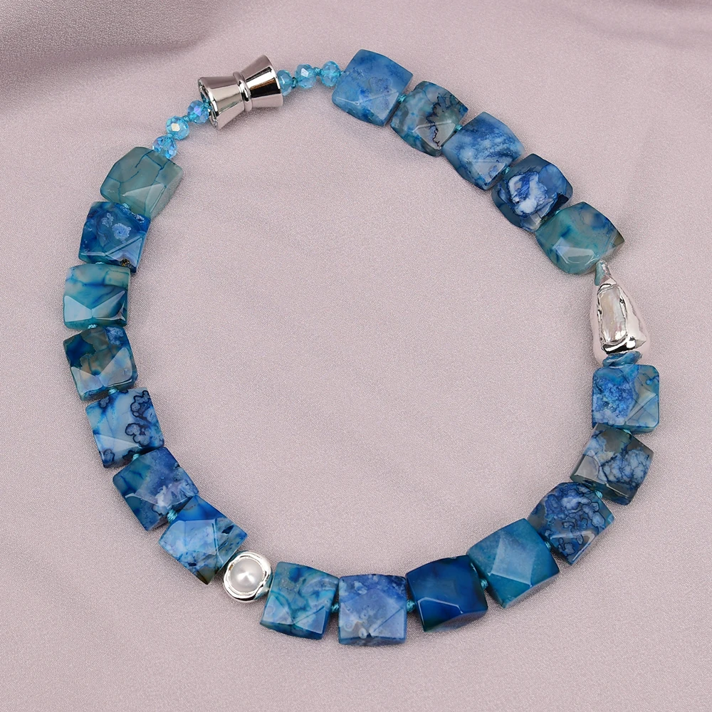 

G-G Natural Blue Chrysanthemum Stone Coral Jade Beads White Pearl Necklace