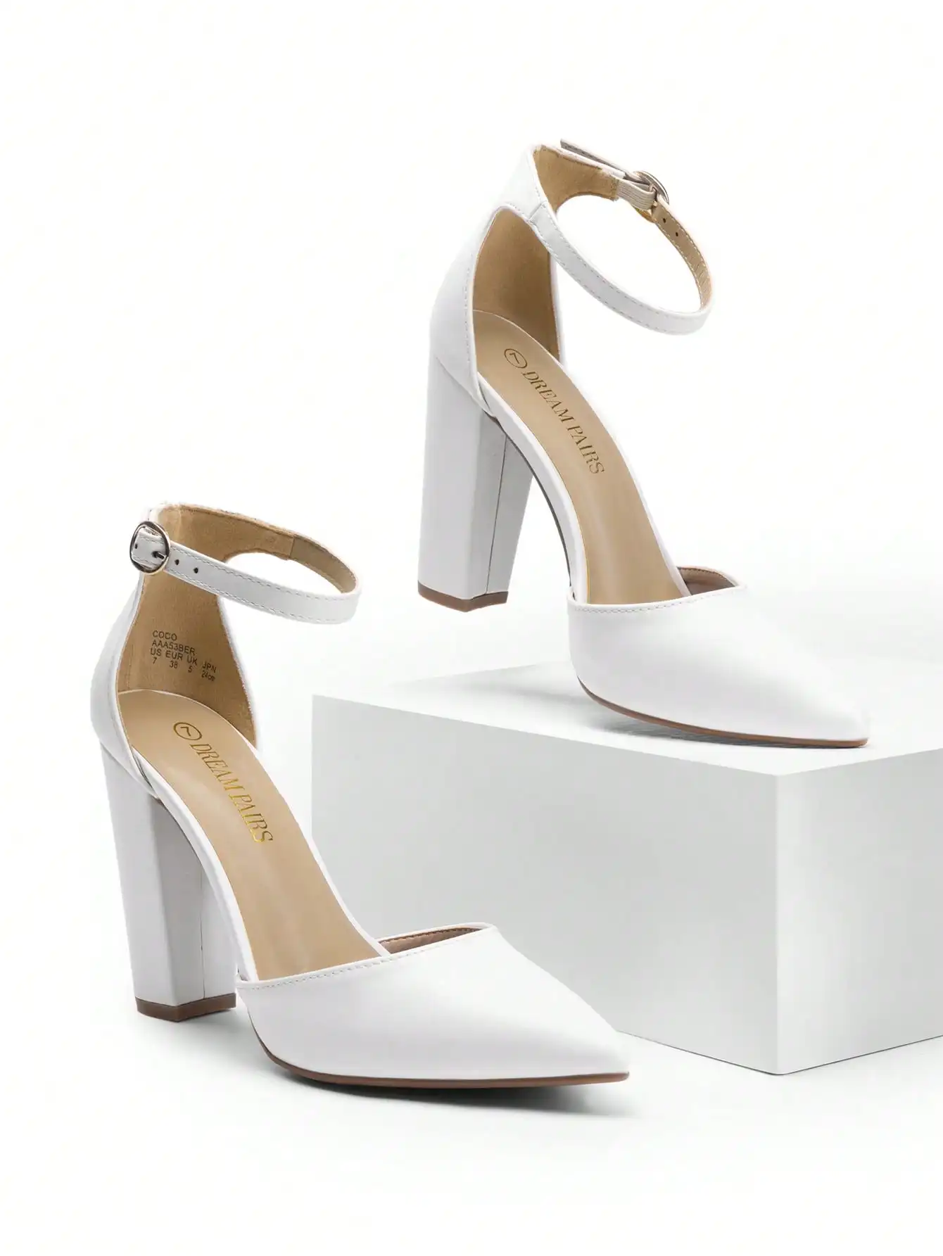 Women's Closed Pointed Toe Ankle Strap Chunky Block Heel Pumps, Elegant Fashion Buckle Ankle Strap High Heel Dress Pumps, Comfortable Thick Chunky Heels Formal Wedding Bridal Shoes for Ladies, Versatile Women Dress Heels Suitable for Wedding Guest, Prom, view 2