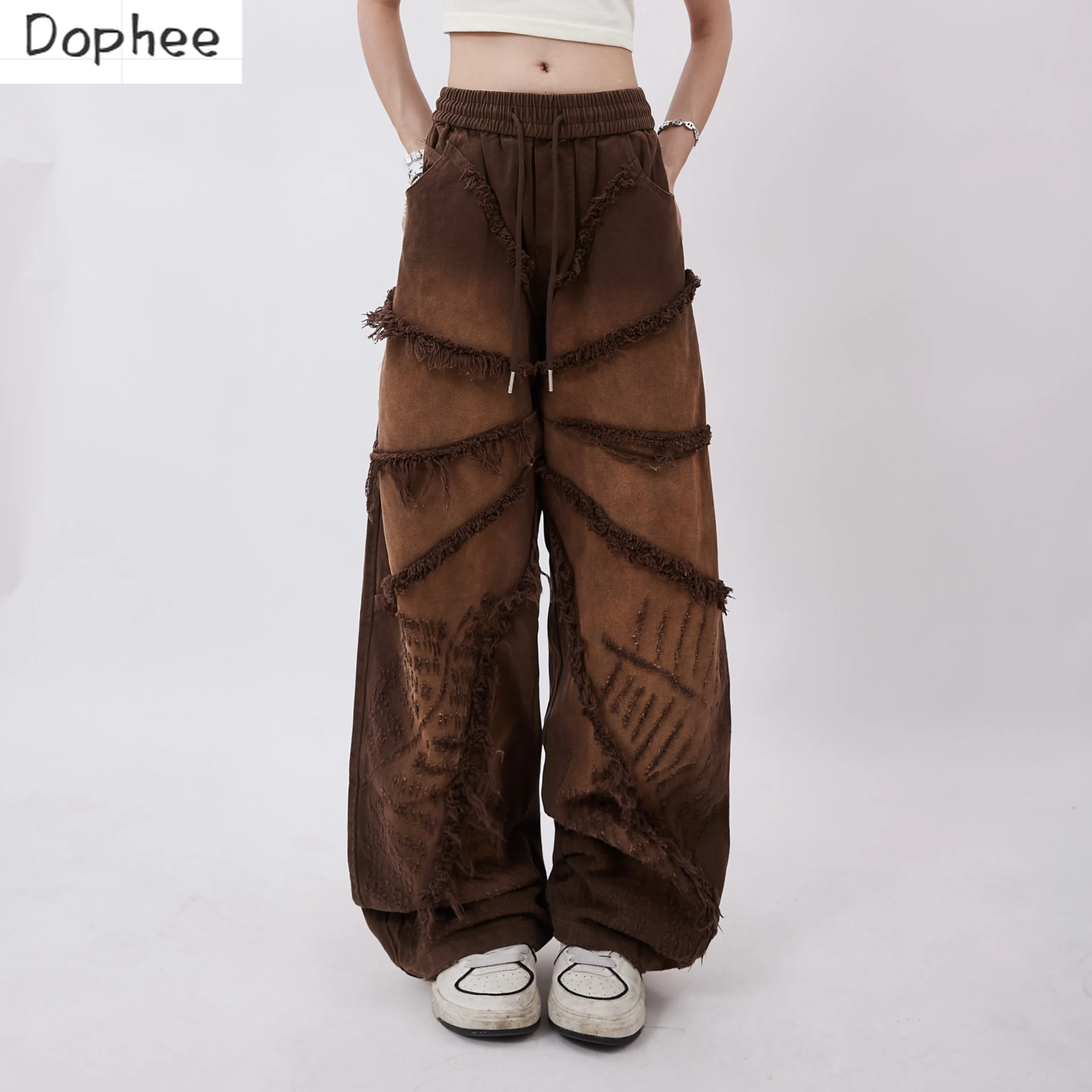 

Dophee Dopamine Jeans for Women 2023 New Autumn Retro American Style Tassel All-match Straight Pants Casual Denim Trousers