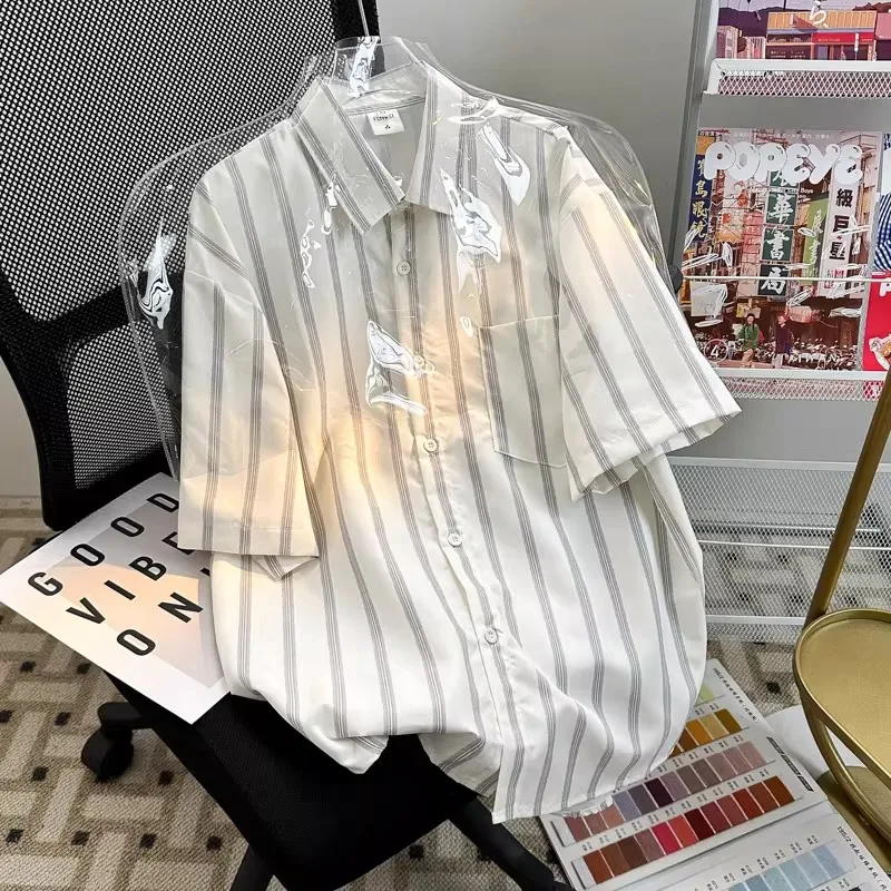 

Loose Fit ort Sve Casual irt for Men Summer Trend Japanese Sle Vintage Striped Collar Leisure Outerwear Hong Kong St...