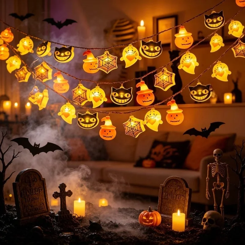 1PC Halloween Mixed Shapes String Lights Pumpkin Ghost Black Cat Spider Web LED Fairy Lights  For Indoor Outdoor Home Yard Decor