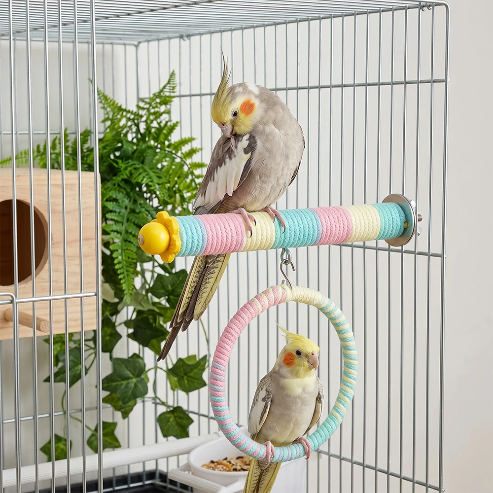 1PC Colorful Parrot Rope Perch Suction Cup/Screw Fixation Bird Swing Hanging Ring Toy for Cockatiel Budgie Conure Cage Accessory view 3