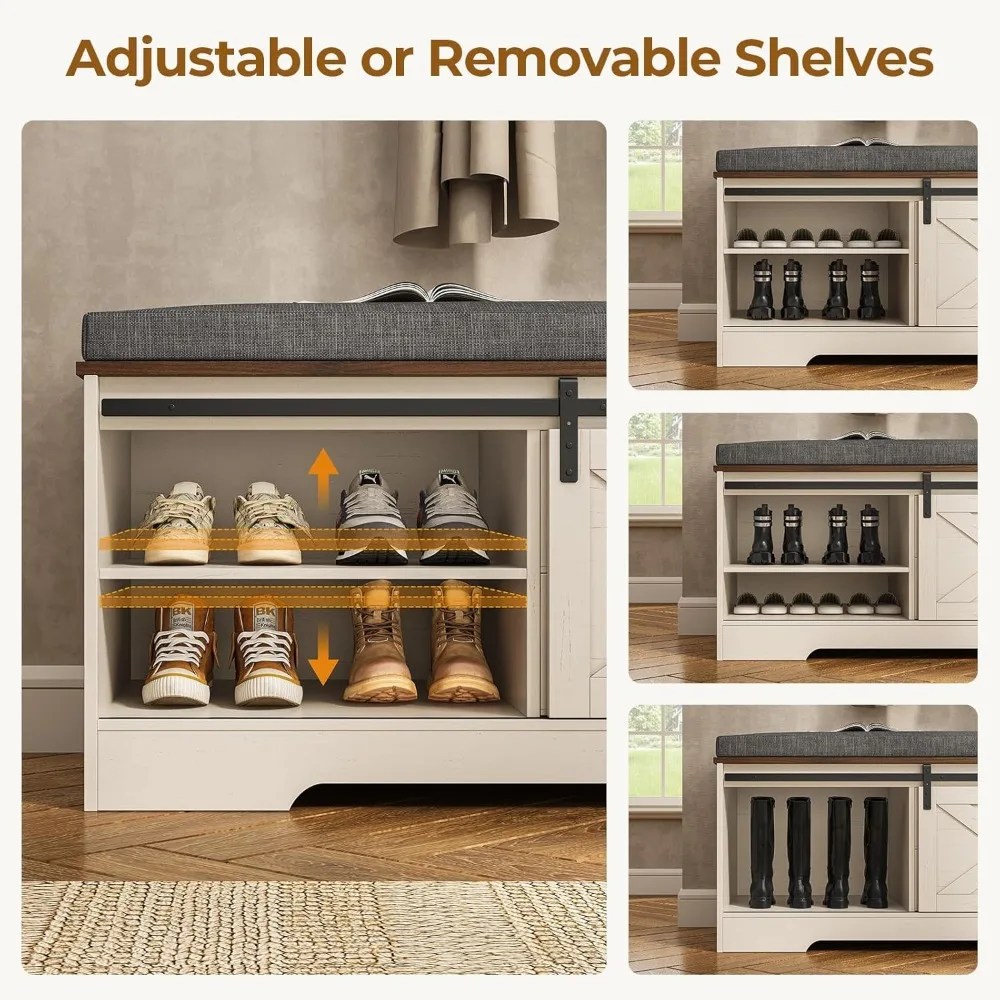 Cushioned Storage Bench with Shoe Rack, Barn Door Slide, Adjustable Shelf, and Drawers for Home Entryways and Closets