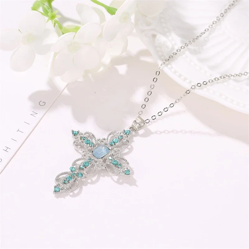 Gothic Rhinestone Cross Necklace Zircon Punk Hollow Pendant Statement Necklace for Women Grunge Jewelry Accessories